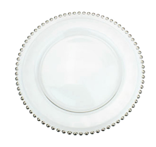 Set of 4 Clear Glass Dinner Plates with Silver Beaded Edge 10.25"