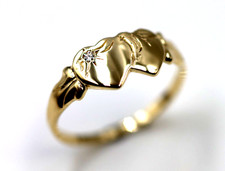 Size L Genuine 9ct 9k 375 Yellow Gold Double Heart Lab Grown Diamond Signet Ring
