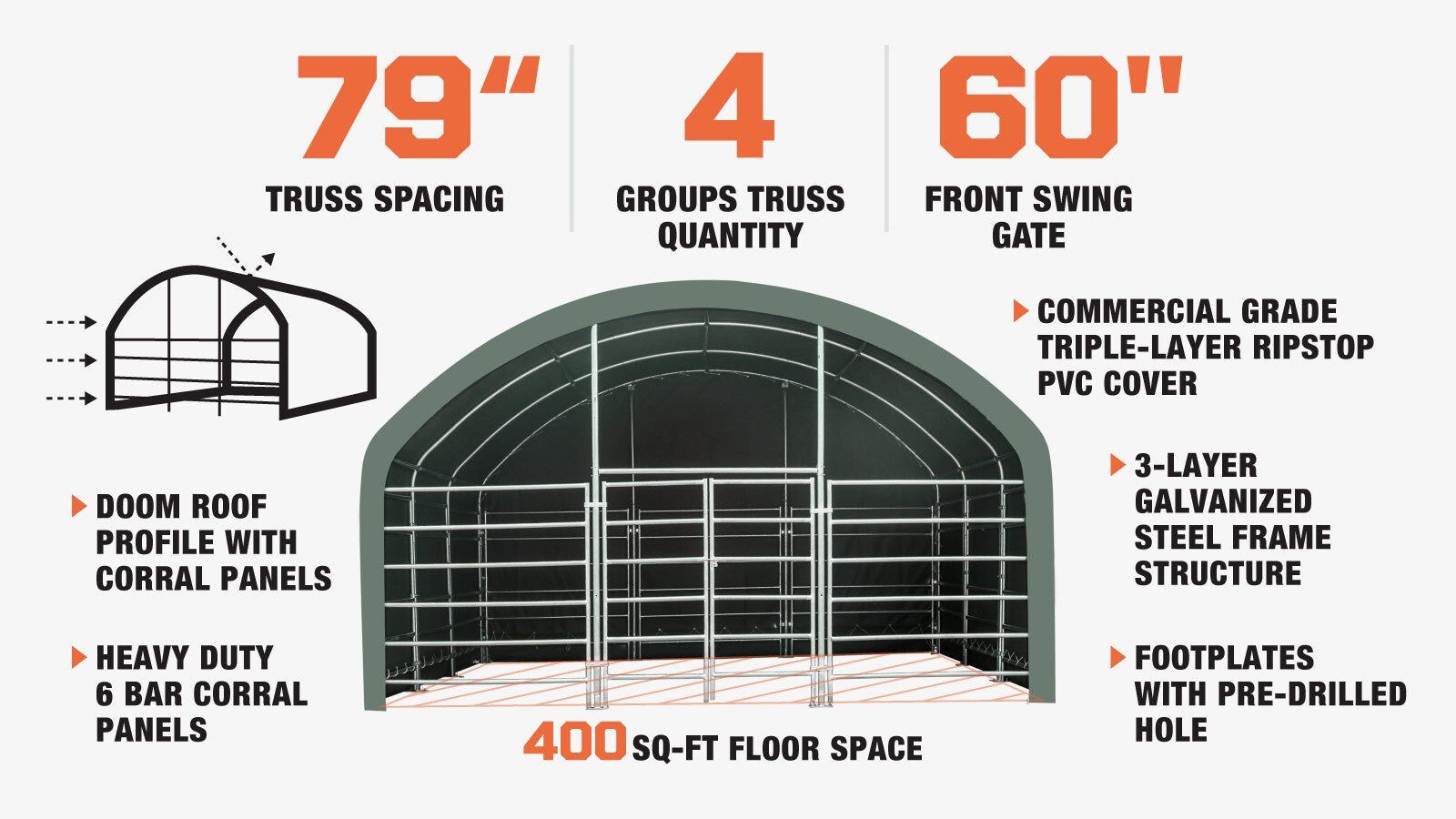 20x20 ft Barn Shelter, 12ft Dome Roof, 17 oz Tactical Green PVC Cover