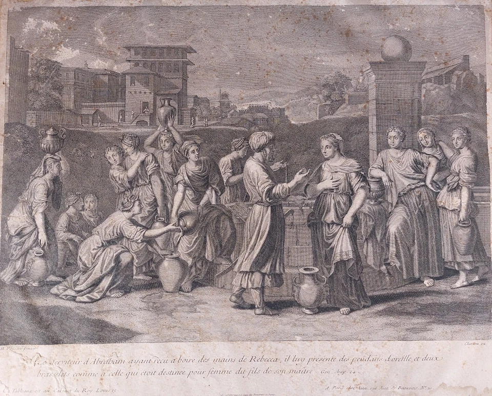 Gravure de François Chereau d'après Nicolas Poussin "Rebecca au puits" - Photo 2/4
