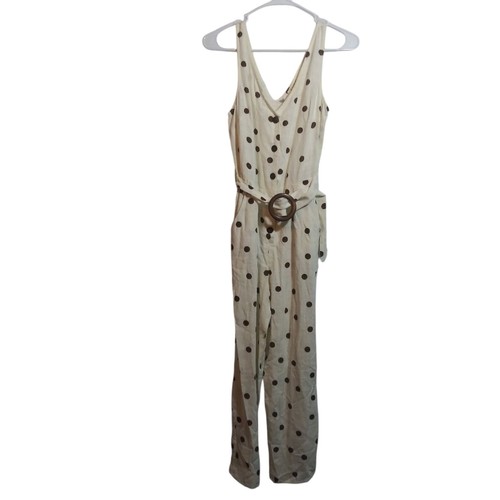 Monteau Juniors Linen Polka Dot Belted Sleeveless Jumpsuit Beach Size Small - Picture 2 of 10