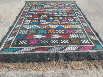 Vintage Traditional Handmade Moroccan Wool Black Kilim 4.7x3.2ft