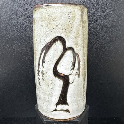 David Leach quadratische Steinzeug verzierte Weidenbaum Pinsel Vase 16,5 cm hoch #2742