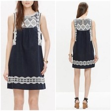 Madewell Blue Embroidered Mini Shift Tunic Dress Linen Size XS Sleeveless