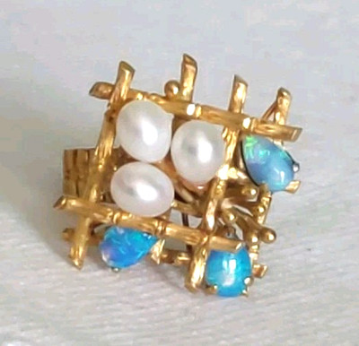 Vintage Estate  14KT Gold Fire Opal Pearl Brutalist Design Fred Paris France