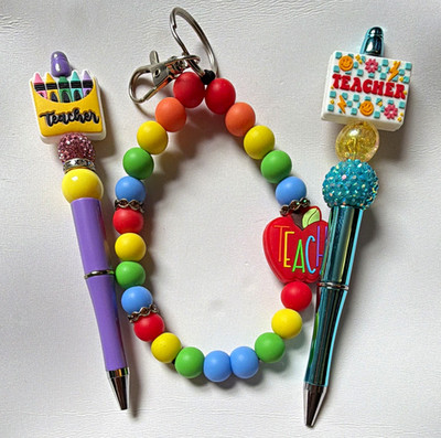 Set of 3- 2Teacher Beaded Ballpoint Pens + 1 Beaded Wristlet Keychain, Black Ink