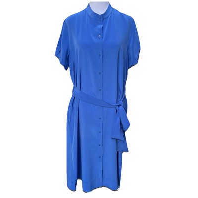 Diane Von Furstenberg Women Sz Large Blue Silk Dress Short Sleeves Belted Slits
