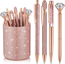 8 Pcs Pink Pens with Pen Holder for Desk Glitter Crystal Diamond Cute Ballpoint