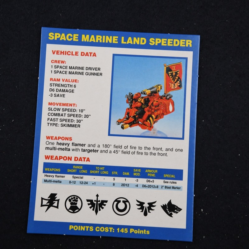 2nd Edition Warhammer 40k Data Card Space Marine Land Speeder 40,000