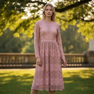 Roolee Women Dress XS Rose Pink Floral Lace Fit Flare Midi Feminine  Cottagecore | eBay