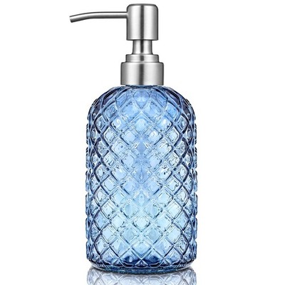 Blue Glass Soap Dispenser Gem Patterned with 304 Stainless Steel Pump 18 oz