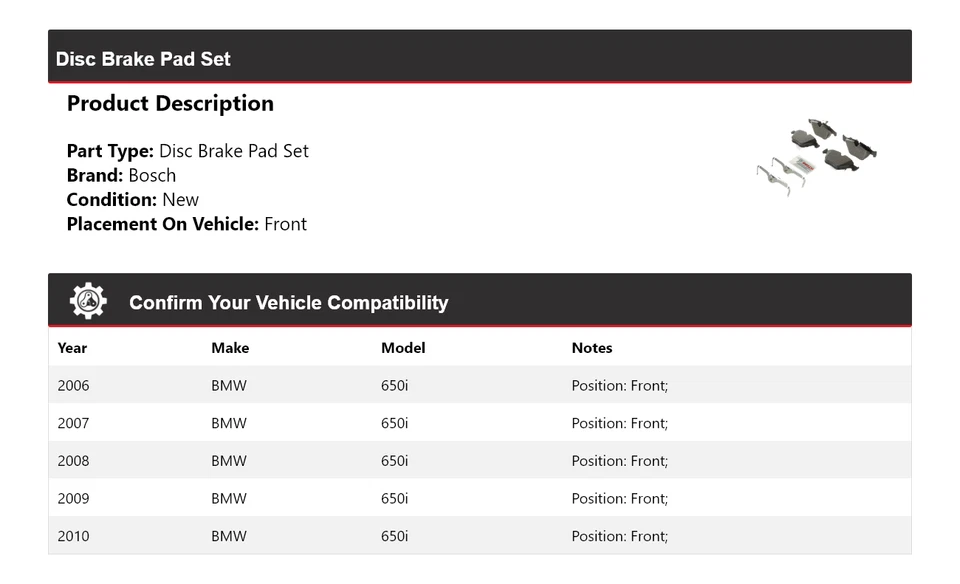 For 2006-2010 BMW 650i Bosch Semi-Metallic Brake Pads with Hardware Front 2007 - Image 2 of 4