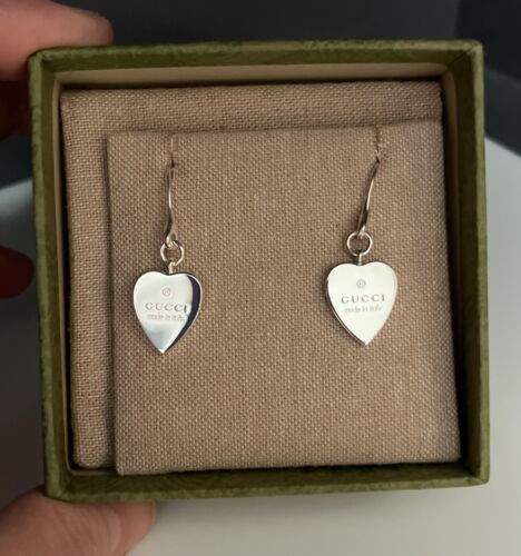 Authentic Gucci Earrings Sterling Silver Heart Charm Logo Dangle Drop 925 In Box