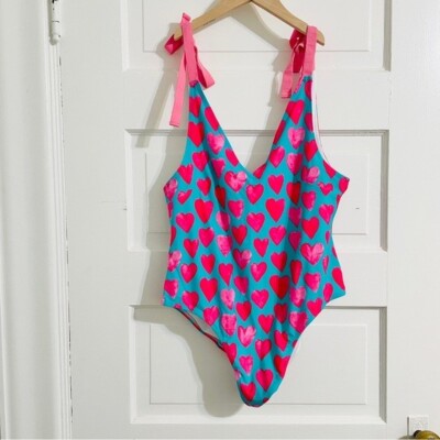 NWT Posh Peanut Queen of Hearts Blue Pink Shoulder Tie Swimsuit 2XL