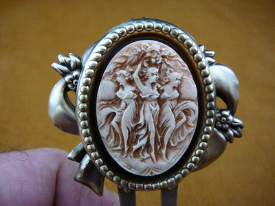 (chm36-18) 3 Three muses Graces pink cameo brass hair pin pick stick HAIRPIN