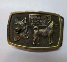 Vtg Carnation  Dog  1977 Brass Belt Buckle   For Collectors,  Made in USA