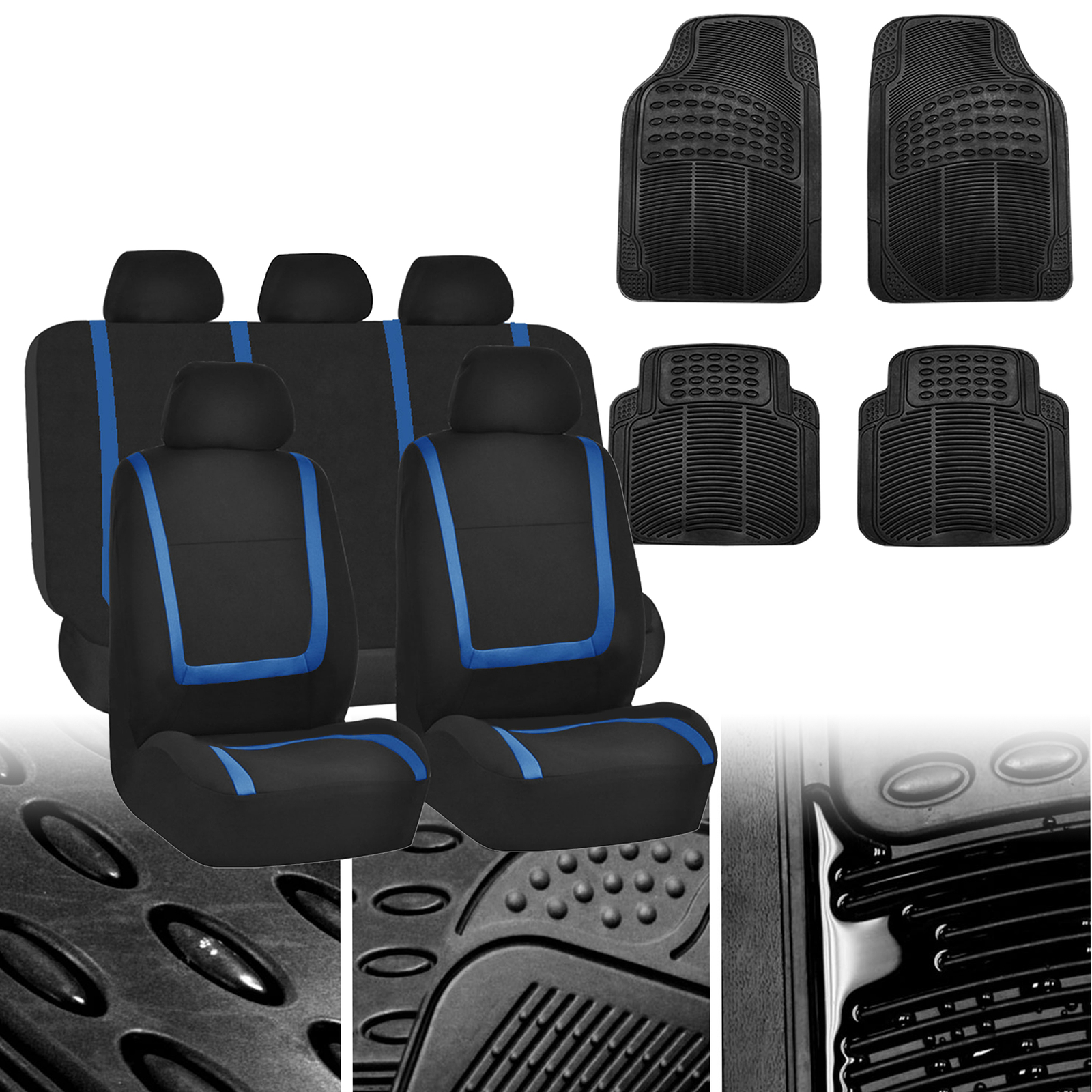 Blue Black Cloth  Auto Seat Covers with Black 4pcs Floor Mats