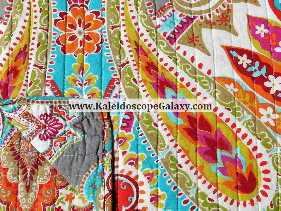 Moroccan Bohemian 3pc Full/Queen Quilt Gray Teal Orange White Tan Red Floral - Image 3 of 4