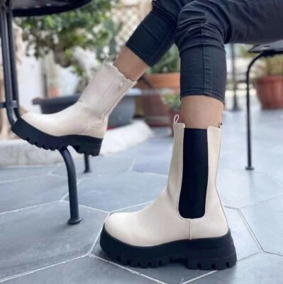 MARKENLOS Damen Plateau Stiefeletten Chelsea Boots Stiefel Schuhe Gr. 36-41 beige schwarz