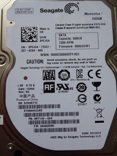 Seagate ST9500423AS SN: S2V | PN: 9RT143-034 | FW: 0006DEM1 | SU | 03/2013 500GB