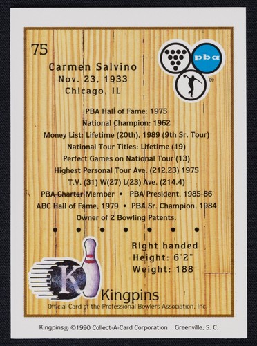 Carmen Salvino Signed 1990 Kingpins Bowling Card #75 - HOF PBA Bowler Auto - Picture 2 of 2
