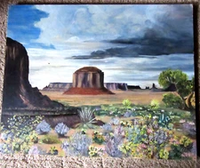 VINTAGE 60 landscape desert original hand painted oil PAINTING by ROXANA