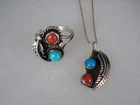 VINTAGE NAVAJO STERLING SILVER & TURQUOISE + RED CORAL NECKLACE RING SET