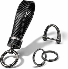 Leather Car Keychain - Carbon Fiber Interior Key Fob with Anti-Lost D-Ring - Car