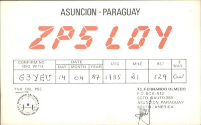 Amateurfunk QSL/QSO ZP5 LOY G3 YEU Paraguay 1987 CW 21MHz DX Foundation
