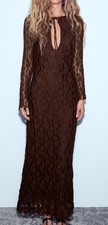 ZARA Long Lace Brown Dress Keyhole Plunge Neckline Size Small NWT