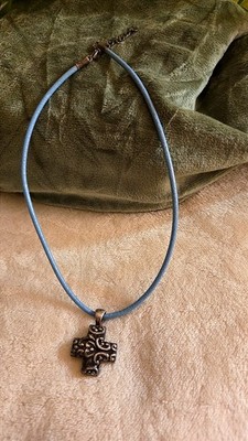 ATI Sterling Silver 925 Cross Pendant Blue leather Cord 18'' Western vintage boho