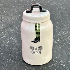 Rae Dunn I PUT A SPELL ON YOU White Canister Jar Halloween Witch Feet Shoes 8"