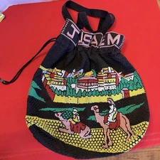 Jerusalem Beaded Tote Bag Cinch Draw String Holy Land Memorabilia Multicolor