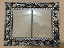 Vintage Pewter Double Photo Picture Frame. Ornate Scroll Floral