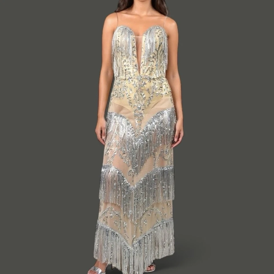 Maxi Vestido Moda Nova Plateado Flecos Lentejuelas Malla L — Y2K Glam Deco Sirena Foto 2 de 4