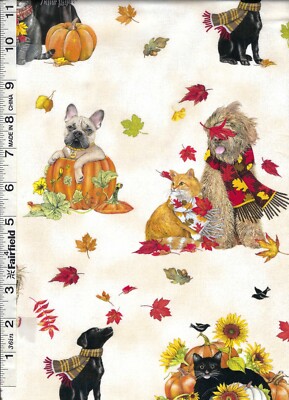 Autumn Cats & Dogs Collection Cream Flowers & Leaves by Kaufman Fabrics