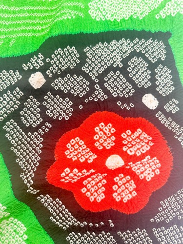 Vintage Kimono Fabric Picked From Furisode 80”x14” Green Base Shibori v340 - Picture 3 of 10