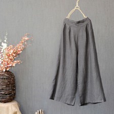 New Womens Cotton Linen Trousers Elastic Waist Wide Leg Culottes Pants Party