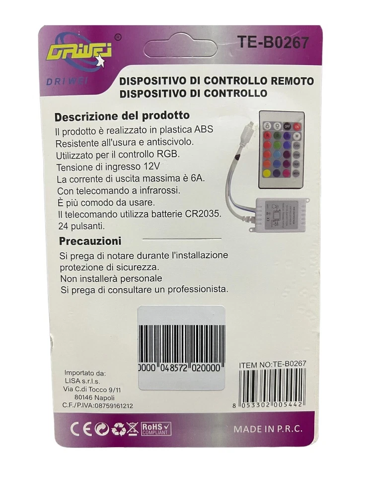 CENTRALINA RGB CONTROLLER IR INFRAROSSI KIT TELECOMANDO PER STRISCE A LED RGB 12 - Immagine 2 di 2