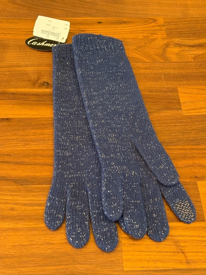 NEIMAN MARCUS 100% Cashmere Gloves Blue w/ Glitter Threads NWT - Image 2 of 4