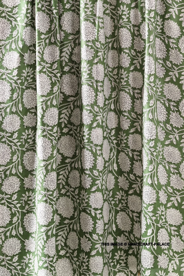 3 Yard Indian Cotton Hand Block Print Green Floral Beautiful Craft Sewing Fabric - Image 4 of 4