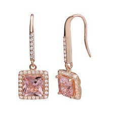 Sterling Silver Rose Gold Plated Square Dangling CZ Stones Hook Earrings