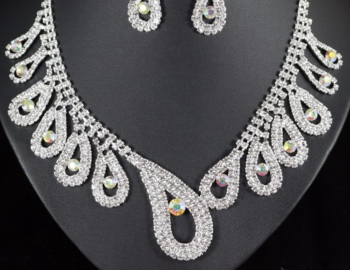 Feather Austrian Rhinestone Necklace Earring Set Bridal Prom Pageant N70AB - 第 2/5 張圖片