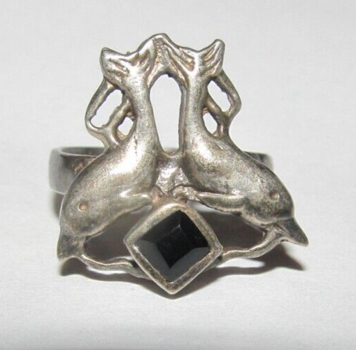 925 STERLING SILVER BAND CHUNK RING Size 5.5 DOLPHINS OCEAN NAUTICAL BLACK STONE