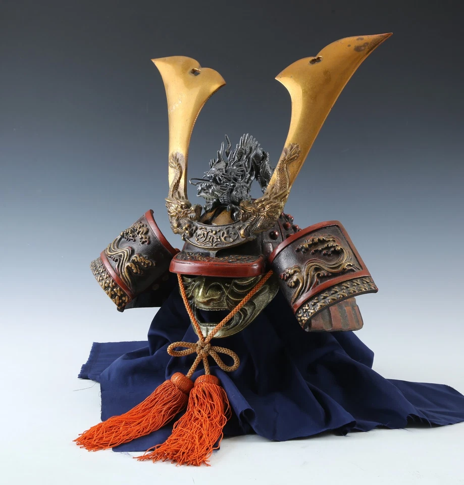 Capacete japonês antigo vintage samurai Kabuto -capacete vermelho dragão com máscara - - Imagem 4 de 4