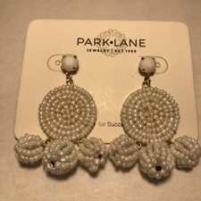 NEW Park Lane Jewelry White Seed Bead Earrings Pierced Gold Tone Dangle Poms NWT