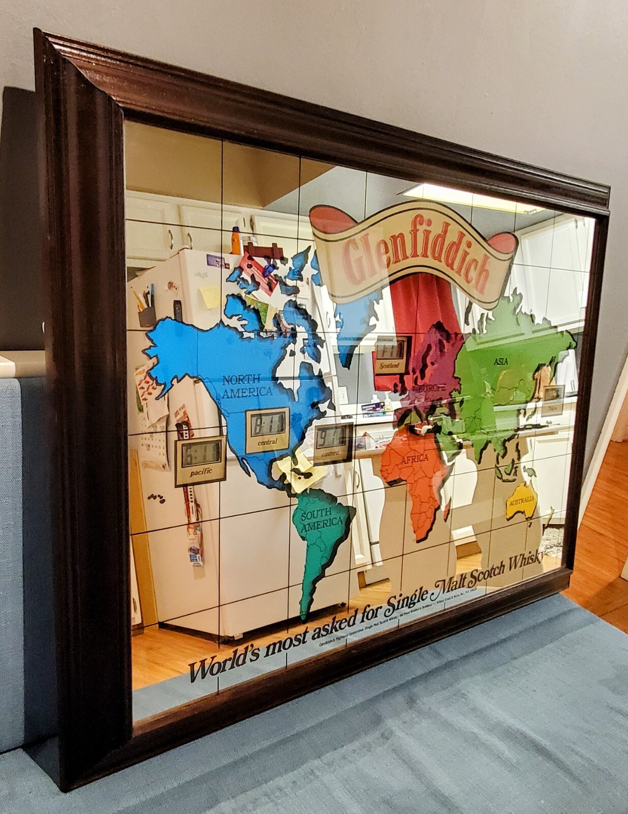 rare vintage GlenFiddich Scotch Whiskey world timezone clock mirror, 29" x 39" eBay