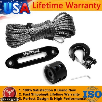 SPARKWHIZ 1/4'' x 50' Synthetic Winch Rope Cable 8,200 lbs w/Sleeve + Winch Hook