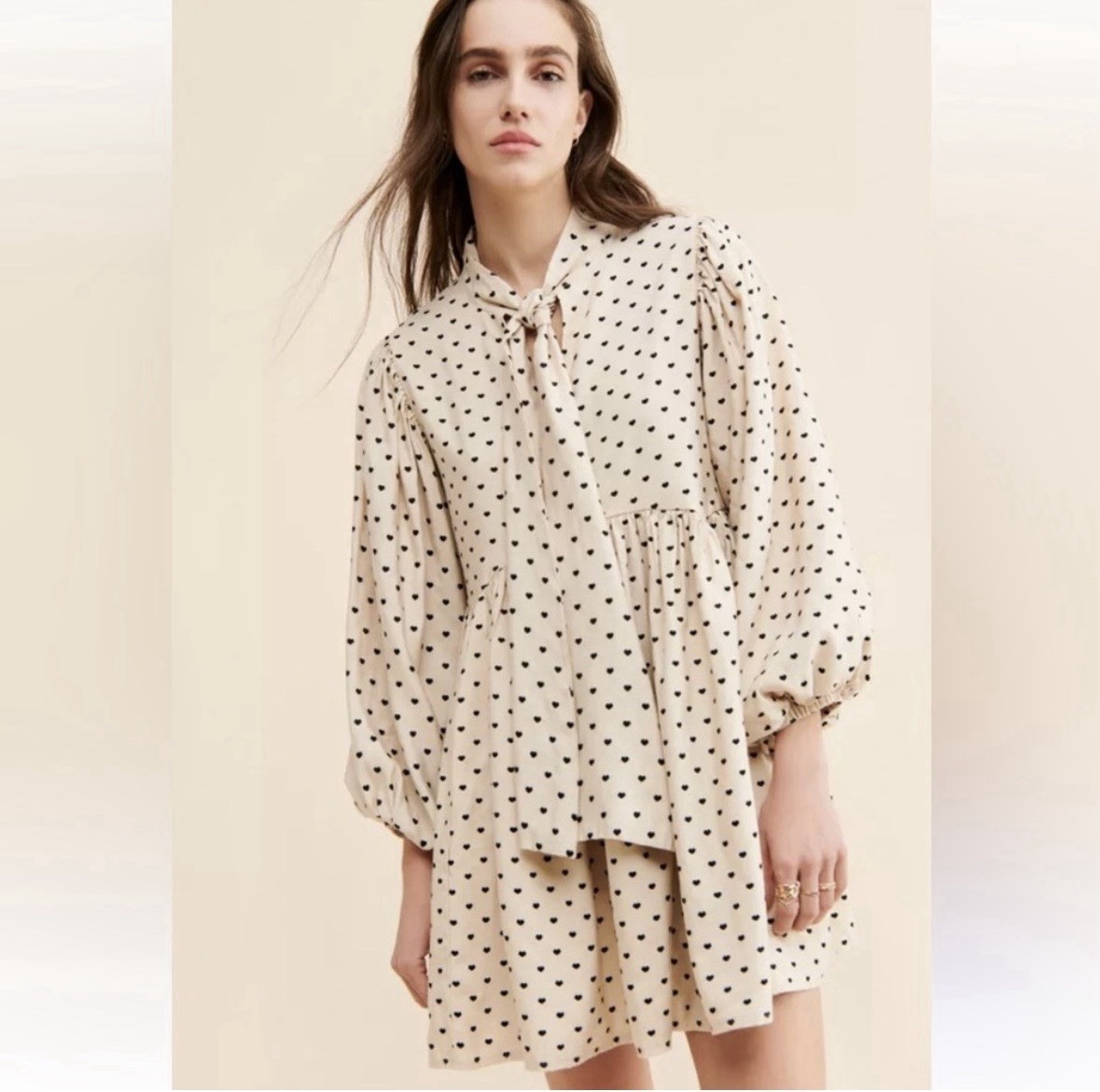 Sister Jane Barn Heart Jacquard Mini Dress Size Small Cream with Black Hearts