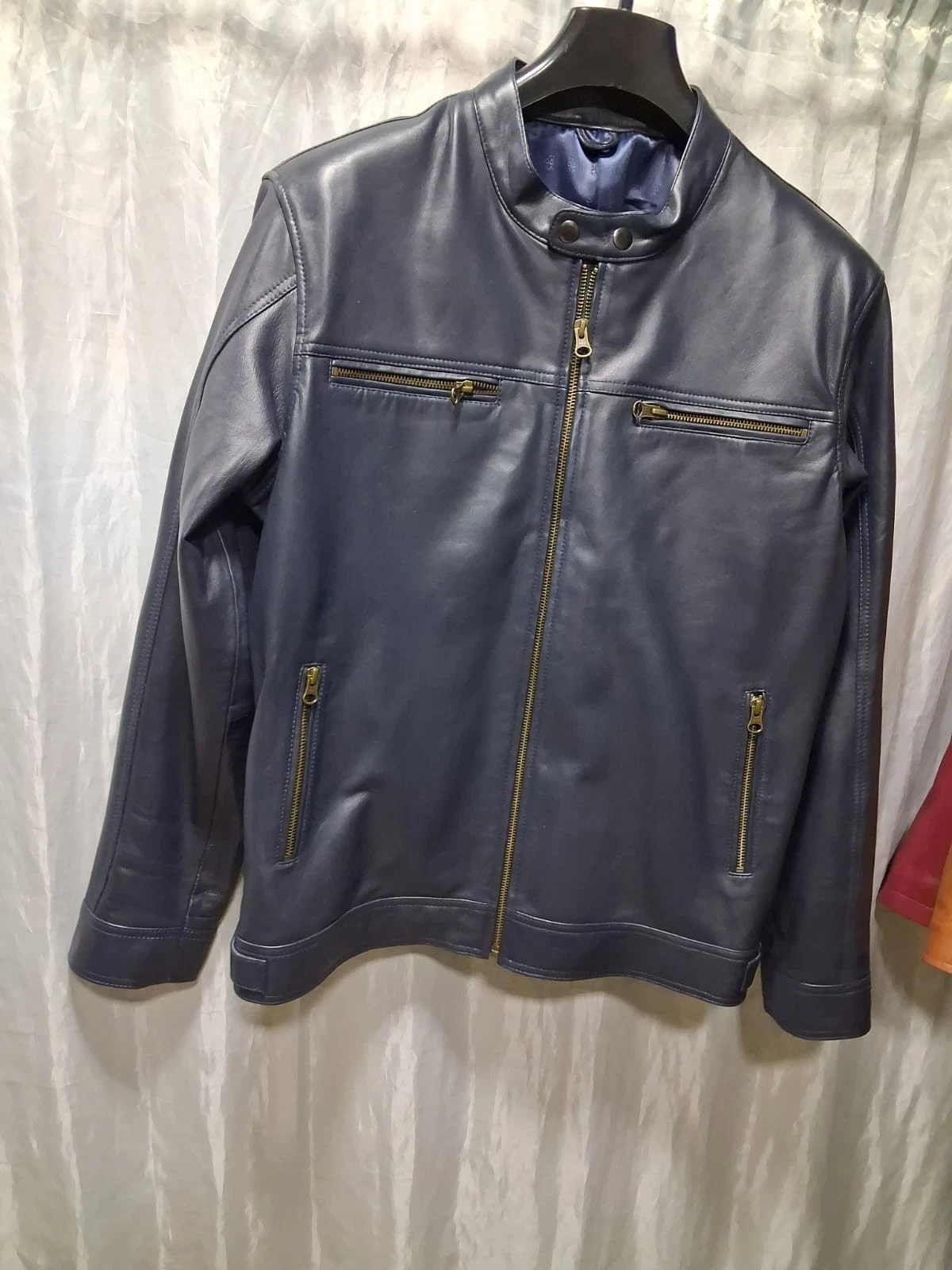 Men's Blue Customized Leather Jacket| Genuine sheepskin leather biker jacket M.